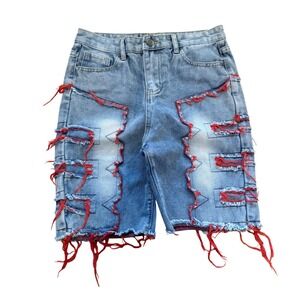 Mens Distressed Denim Shorts Red Fringe Streetwear Y2K Cybercore Size 15Y 28W